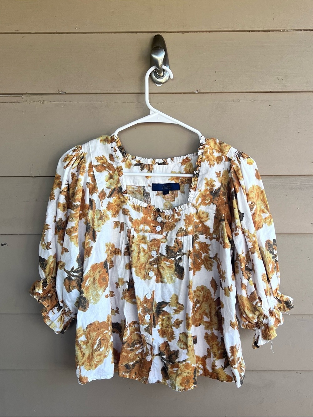 RACHEL Rachel Roy Floral Blouse Puff Sleeve Boho Linen Blend Gold White XS
